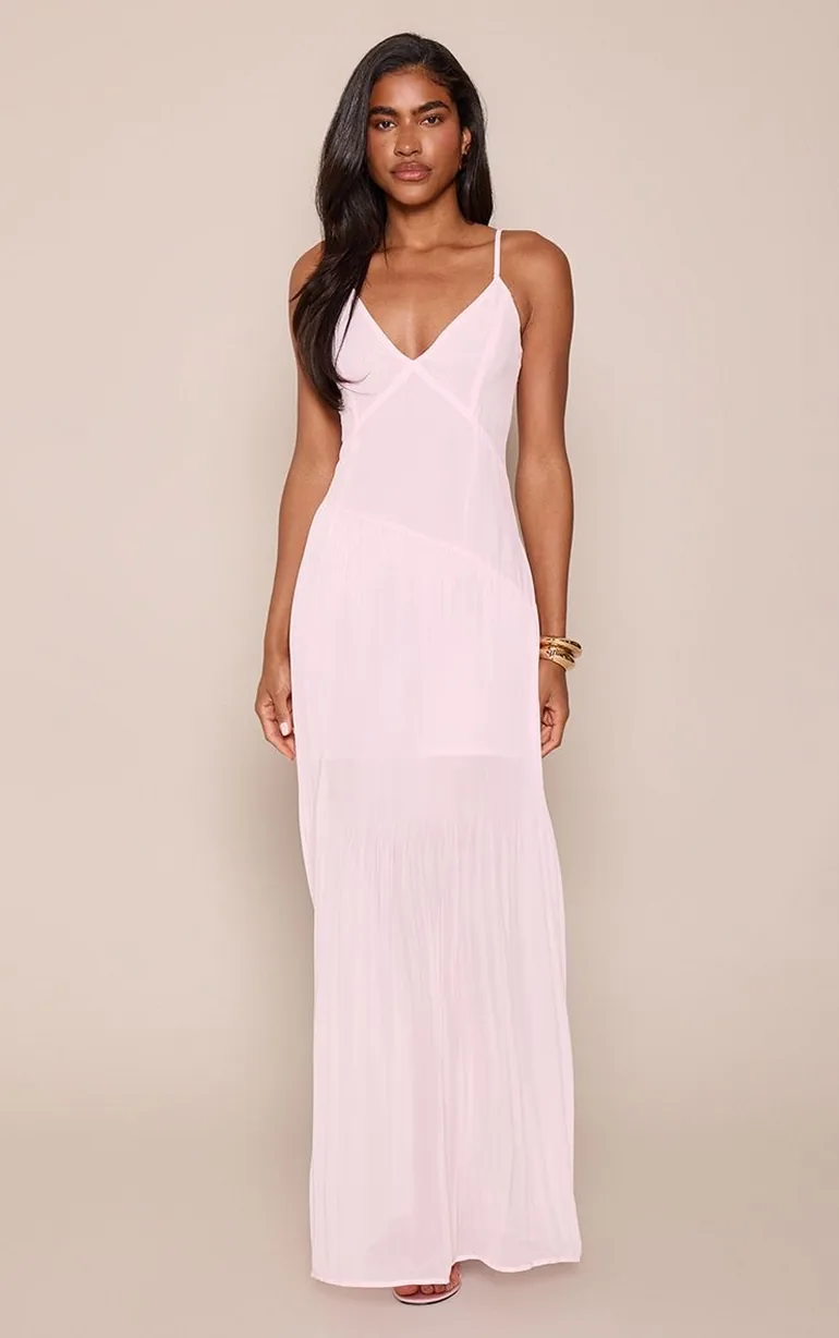 Pink Woven Pleated Hem Detail Spaghetti Maxi Dress