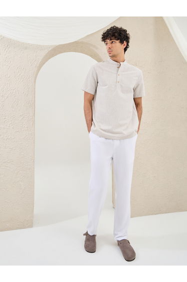 Striped Relaxed Fit Mandarin Collar Shirt