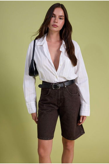 Brown Vintage Washed High Waist Denim Bermuda