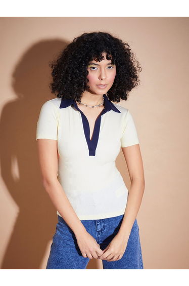 Ribbed Contrast Polo Neck Top