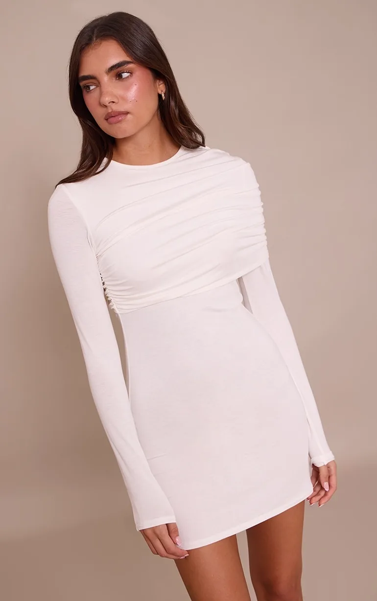 long sleeve cream bodycon dress Lumalex Elegant Cream White Autumn Bodycon Dress For Women,Boat Neck Ruched Metal Decor Oversized Sleeve Asymmetrical Dining Party Wedding Prom Banquet Gown