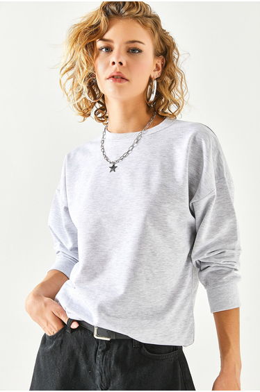 Women's Gray Melange Basic Loose Soft Textured Sweatshirt
