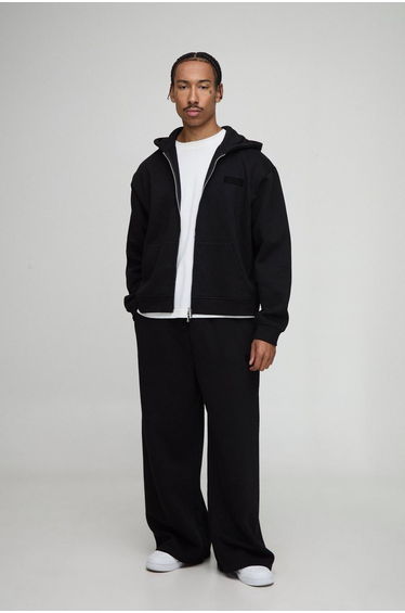 Oversized Boxy Man Hooded Zip Through Wide Leg Tracksuit - black