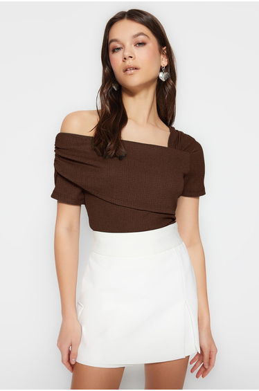 Brown Asymmetric Collar Fitted/Snap Knitted Bodysuit