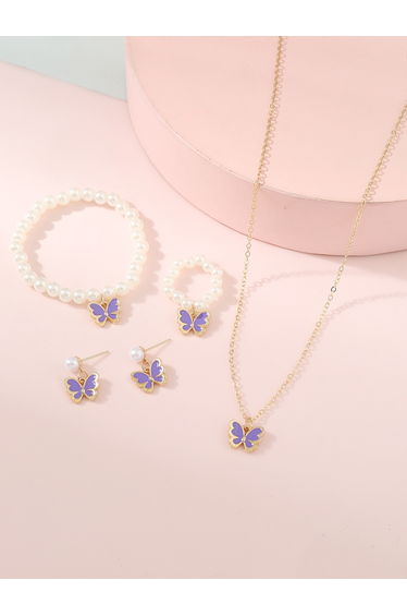 Set of 4 - Butterfly Pendant Faux Pearl Necklace, Bracelet, Earrings and Ring