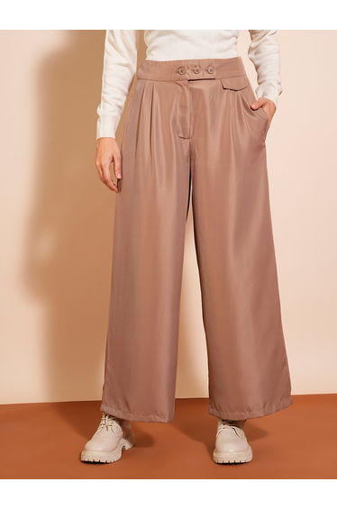 Solid High-Rise Pleated Wide-Leg Trousers