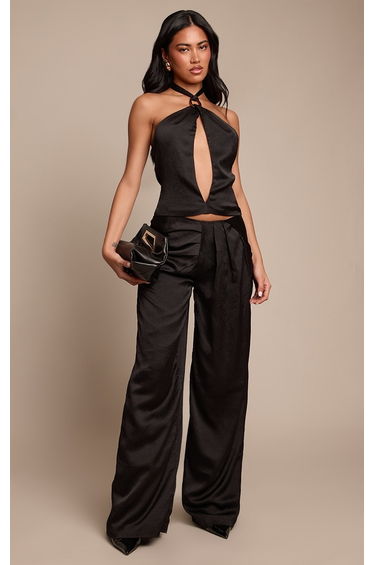 Black Hammered Satin Pleated Wide Leg Trouser