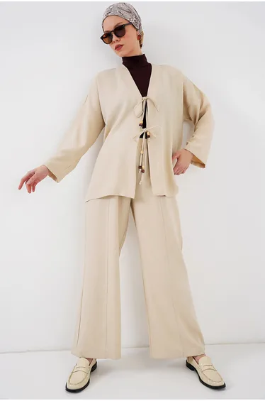 BDART Linen Blend Binding Detailed Cardigan and Rib Detail Wide Leg Pants Set