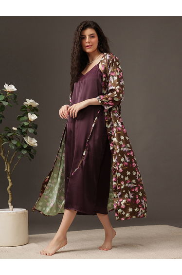 Women Purple Satin Nightdress and Robe Set