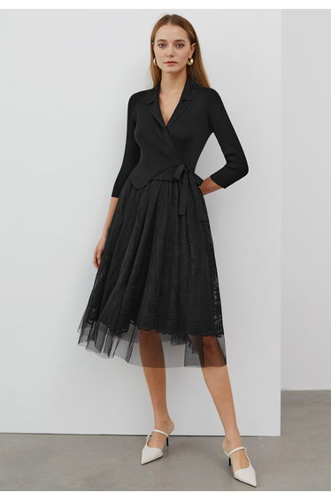 Collared V-Neck Knit Spliced Tulle Dress in Black
