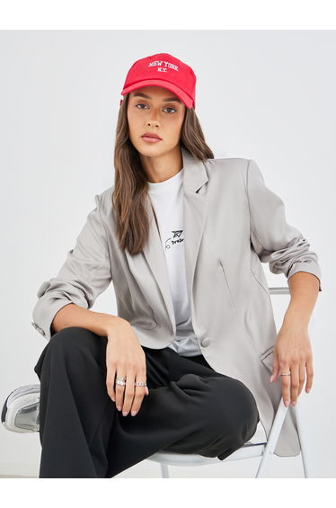 Women Grey Solid Oversized Longline Single Breasted Blazer