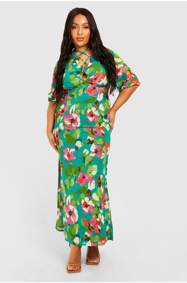 Plus Woven Floral Print Plunge Long Sleeve Maxi Dress - green