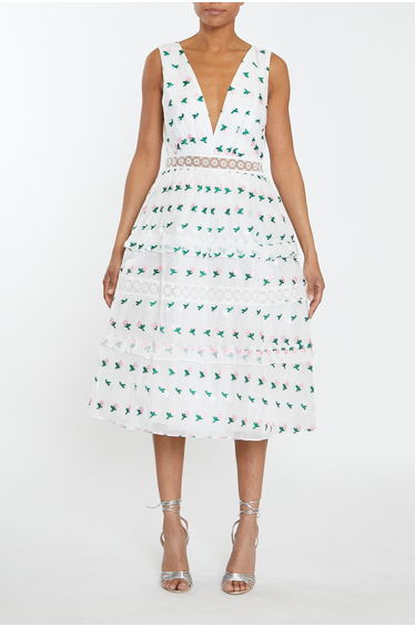 Zoey White Pink Floral Organza Plunge Neck Tiered Skater Midi Dress