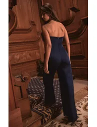 PLT Label Navy Structured Satin Bandeau Wide Leg Jumpsuit - 2