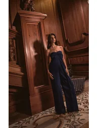 PLT Label Navy Structured Satin Bandeau Wide Leg Jumpsuit - 3