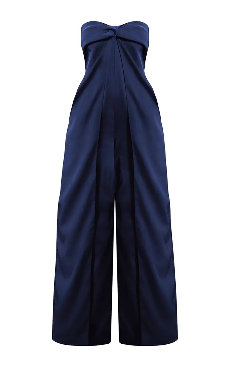 PLT Label Navy Structured Satin Bandeau Wide Leg Jumpsuit - 4