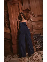 PLT Label Navy Structured Satin Bandeau Wide Leg Jumpsuit - 1
