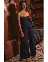 PLT Label Navy Structured Satin Bandeau Wide Leg Jumpsuit