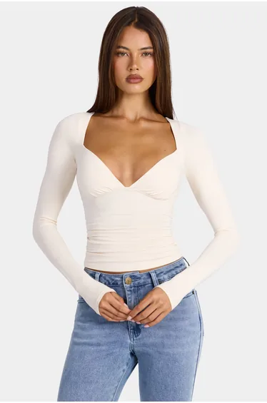 Modal Ruched Long-Sleeve Top in Oat