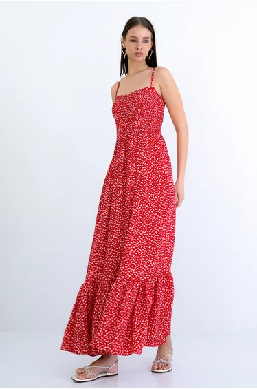 Women's Red Adjustable Strap Gipeli Skirt Flounced Woven Summer Dress