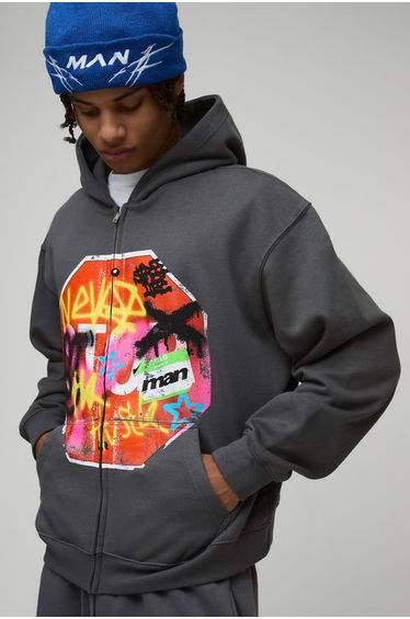 Charcoal Oversized Boxy Zip Through Graffiti Printed Hoodie - charcoal