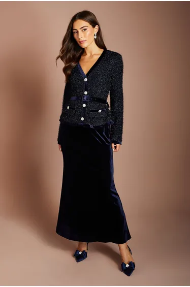 Tweed Long Sleeve Bodice With Velvet Skirt Midi Dress