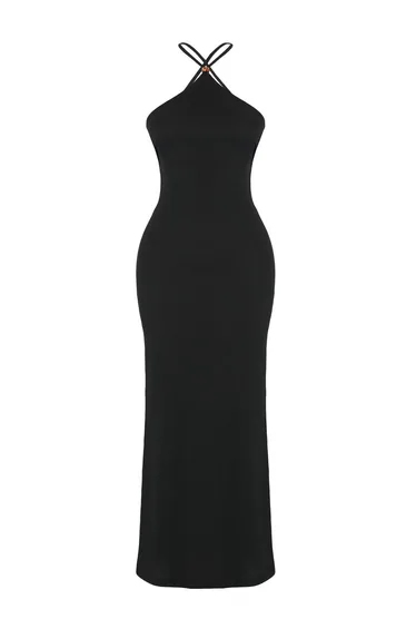 فستان ترينديول أسود ميدي بقصة ميرمايد بياقة هالتر