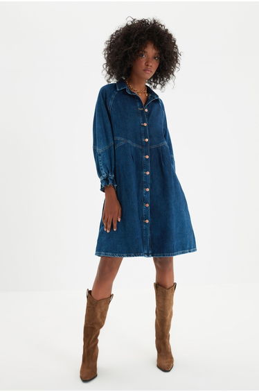 Blue Denim A-Line Midi Dress with Long Sleeves