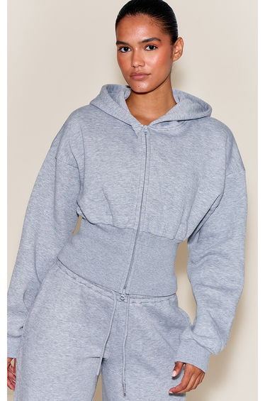 Grey Marl Cinched Cropped Zip Up Hoodie