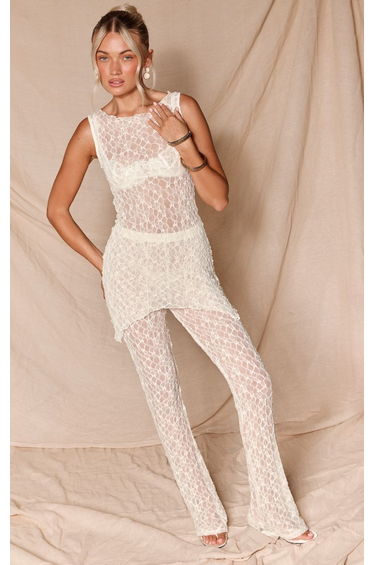 Cream Sheer Lace High Neck Longline Top Co-ord