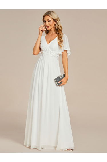 ever IVYROSE|Ruffles Sleeve A-Line Chiffon Waist Applique Maxi Formal Evening Dress