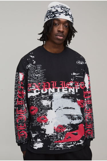 Oversized Graphic Printed Long Sleeve T-Shirt - black