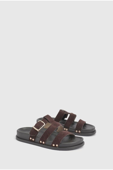 Faux Suede Double Strap Cut Out Footbed Sliders - chocolate