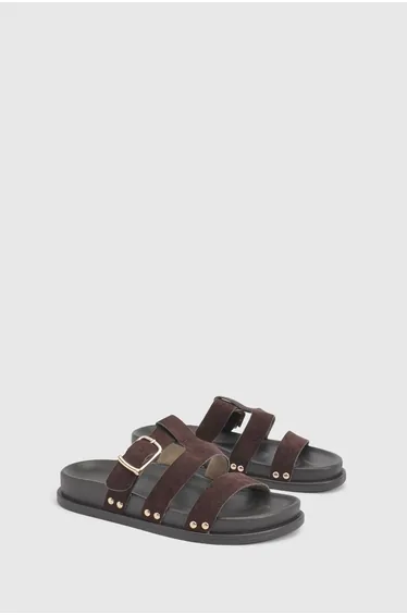 Faux Suede Double Strap Cut Out Footbed Sliders - chocolate