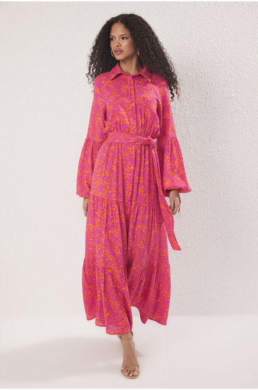 Pink Unlined Geometric Woven Shally Hijab Dress