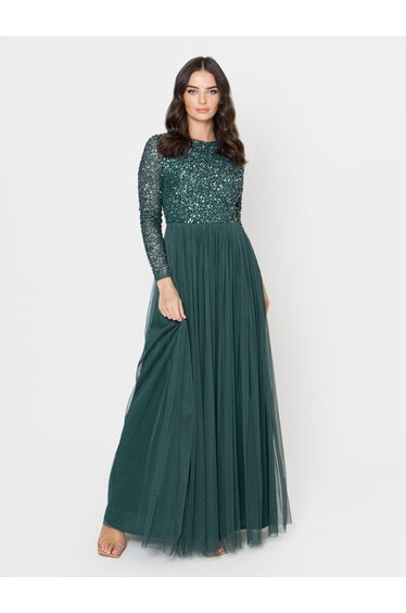 Maya Emerald Green Embellished Long Sleeve Maxi Dress
