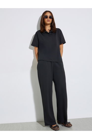 Black Polo T-Shirt and Wide Leg Joggers Co-ord Set