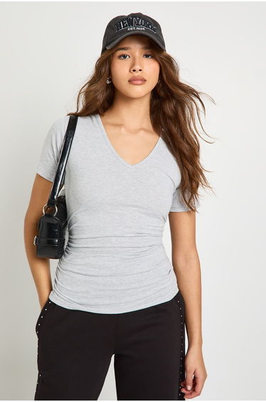 V Neck Ruched Waist Short Sleeve T-Shirt - grey marl