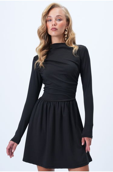 Women's Black Low Collar Drape Detailed Sandy Flared Dress