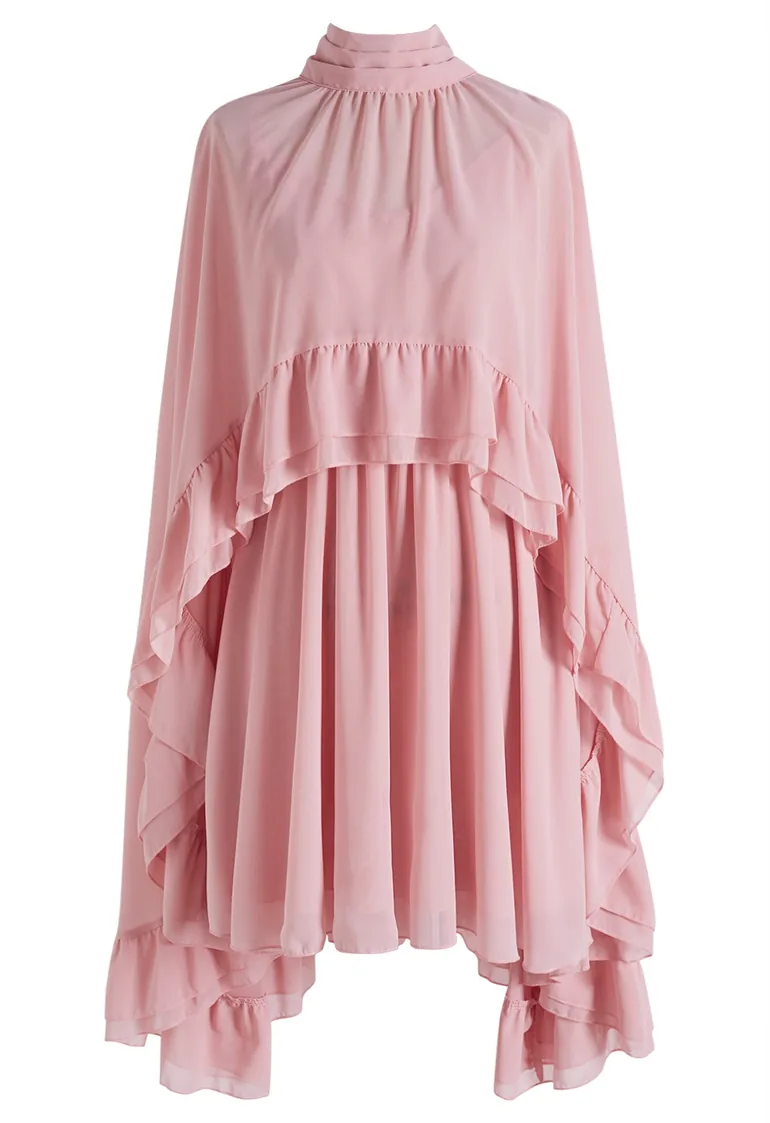 Tie-Neck Ruffled Hi-Lo Chiffon Cape and Mini Dress Set in Pink for Red Carpet Events & Luxury Dinners - 3