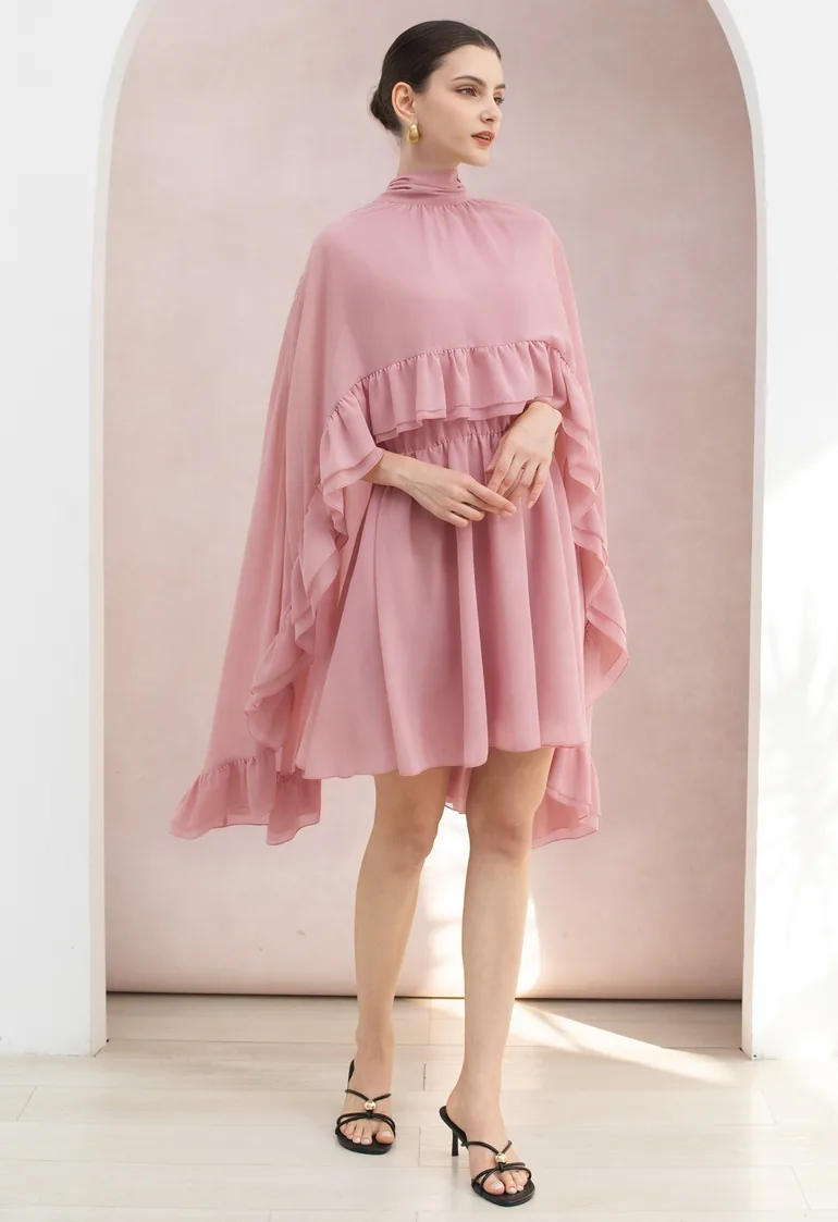 Tie-Neck Ruffled Hi-Lo Chiffon Cape and Mini Dress Set in Pink for Red Carpet Events & Luxury Dinners - 2
