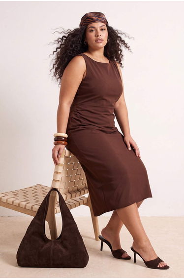 Brown Bodycon Square Neck Sleeveless Shirred Maxi Paper Touch Knitted Plus Size Dress