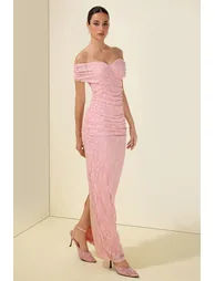 Lace Off Shoulder Gathering Midi Dress - 5