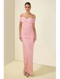 Lace Off Shoulder Gathering Midi Dress