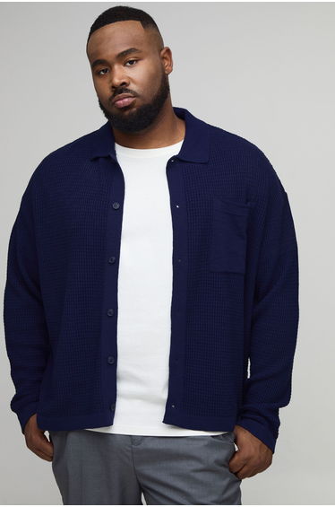 Plus Boxy Rib Long Sleeve Knitted Shirt - navy