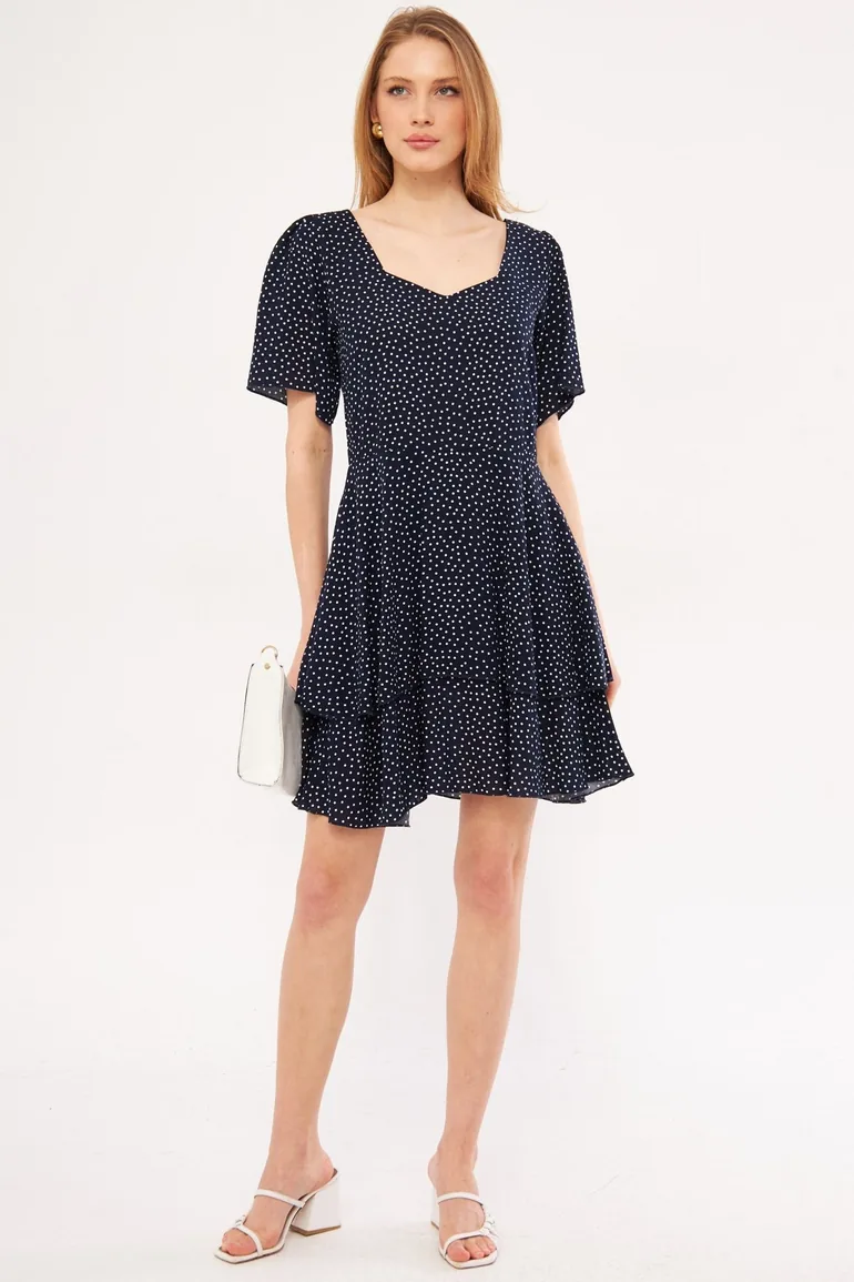 Women's Navy Blue Minus Dress Short Sleeve Skirt Layered Zippered Patterned Mini Size