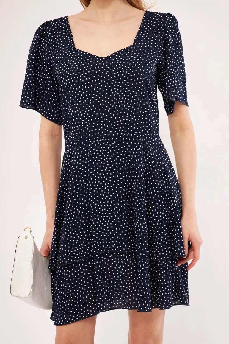 Women's Navy Blue Minus Dress Short Sleeve Skirt Layered Zippered Patterned Mini Size - 2