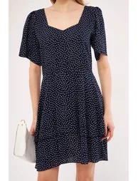 Women's Navy Blue Minus Dress Short Sleeve Skirt Layered Zippered Patterned Mini Size - 2