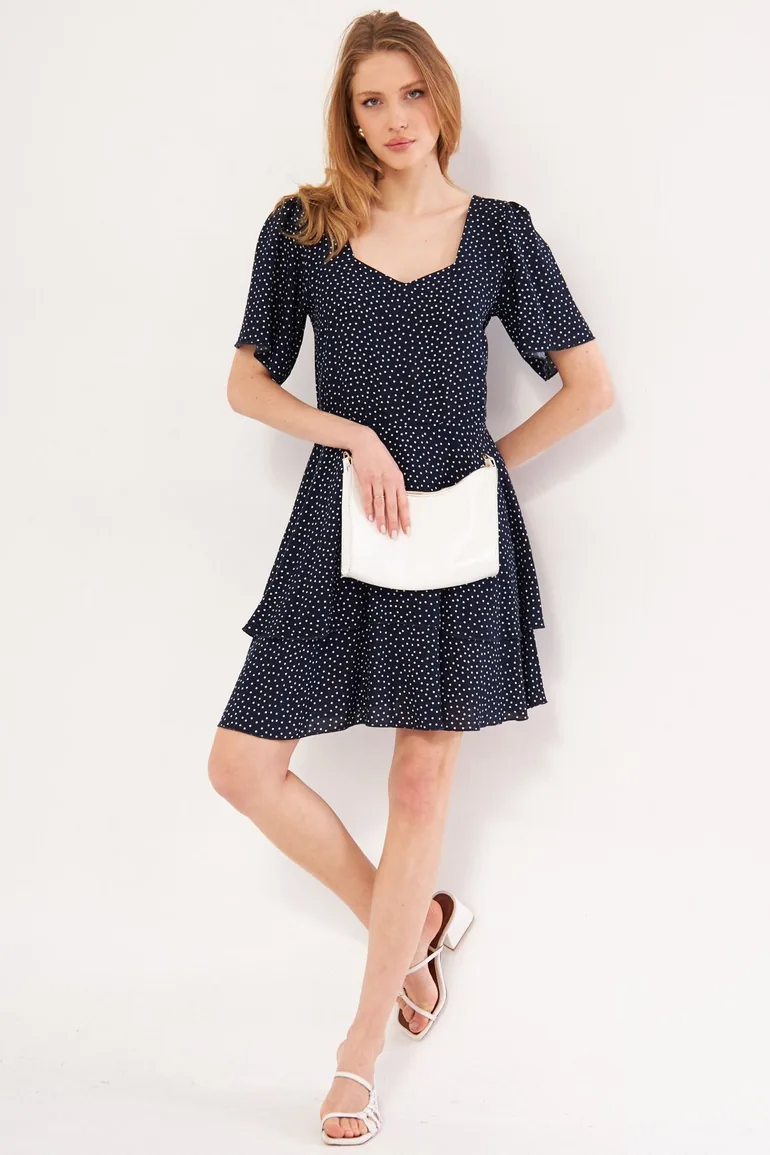 Women's Navy Blue Minus Dress Short Sleeve Skirt Layered Zippered Patterned Mini Size - 1