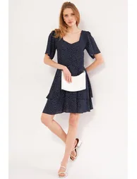 Women's Navy Blue Minus Dress Short Sleeve Skirt Layered Zippered Patterned Mini Size - 1